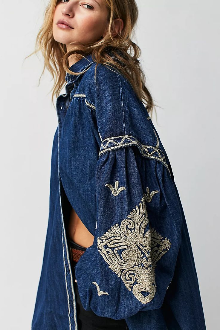 Myna Denim Tunic | Free People Bohemian Long Sleeve Denim Dress For Spring, Spring Bohemian Long Sleeve Denim Dress, Blue Bohemian Denim Dress For Fall, Bohemian Blue Denim Dress For Fall, Embroidered Long Sleeve Denim Dress For Spring, Bohemian Long Sleeve Cotton Denim Dress, Long Sleeve Embroidered Denim Dress For Spring, Embroidered Bohemian Denim Dress, Bohemian Long Sleeve Denim Dress