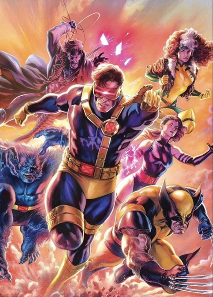 the x - men and their mutantss are flying through the air in front of an orange sky