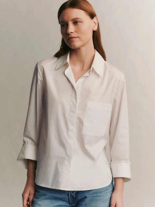 Made from 100% lightweight italian superfine cotton the boyfriend is our most classic button down. this more fitted shirt features a front pocket concealed placket and our signature button cuff.    model is wearing a size small. runs true to size.    100% cotton dry clean only    white V Dress, Ace And Jig, The Boyfriend, Black Tank Dress, Sweater Jumpsuit, Black Aviators, Shirt Cuff, Fitted Shirt, Boyfriend Shirt