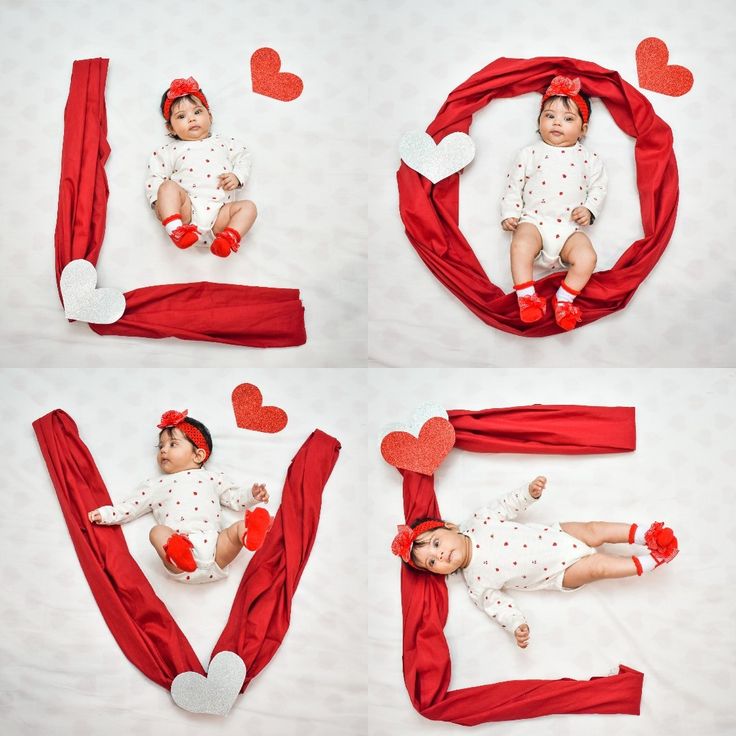 four photos of a baby laying on top of a red blanket with hearts around it