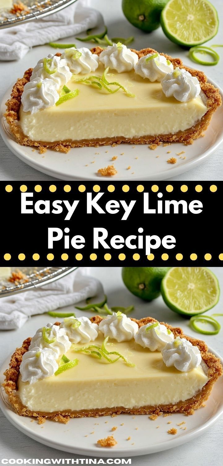 two slices of key lime pie on white plates with limes in the background and text overlay that reads easy key lime pie