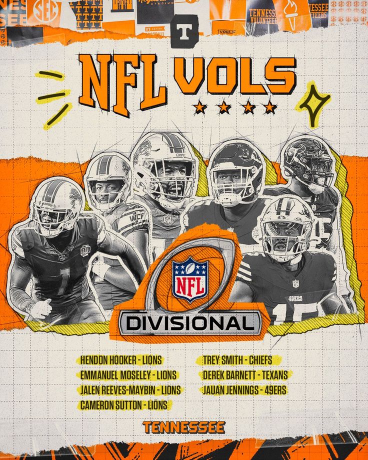 an orange and white poster with three football players on it's front cover that says nfl