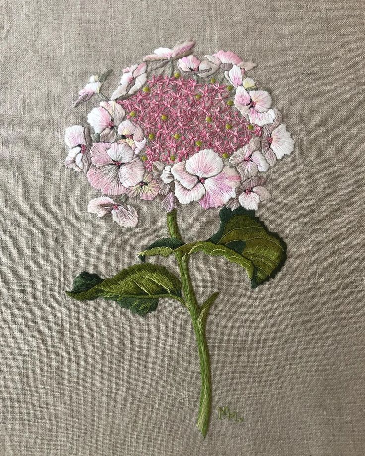 a painting of a pink flower with green leaves on a gray background, it appears to be in the process of being embroidered onto fabric