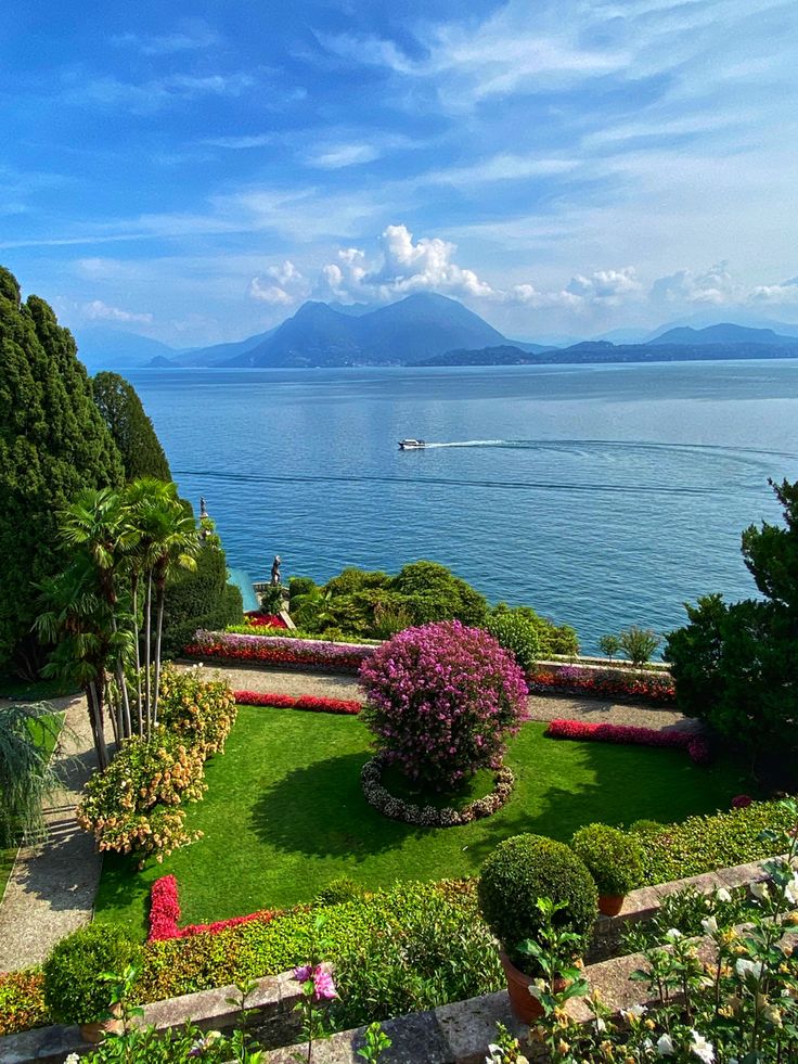 a lush green lawn next to the ocean