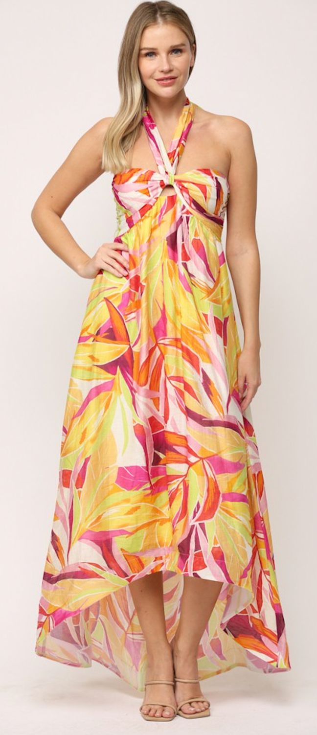 Expertly crafted, the Emporia Floral High Low Dress features a charming yellow floral print. Perfect for any occasion, this dress is especially suited for weddings, brunches, and date nights. With its high low design, it offers a unique and stylish look that is sure to turn heads. Yellow Floral Dress For Summer Garden Party, Spring Midi Dress For Summer Parties, Yellow Floral Midi Dress For Vacation, Yellow Midi Floral Dress For Vacation, Spring Yellow Floral Party Dress, Spring Tropical Printed Maxi Dress, Tropical Printed Maxi Dress For Spring, Tropical Maxi Dress For Spring, Tropical Style Spring Maxi Dress