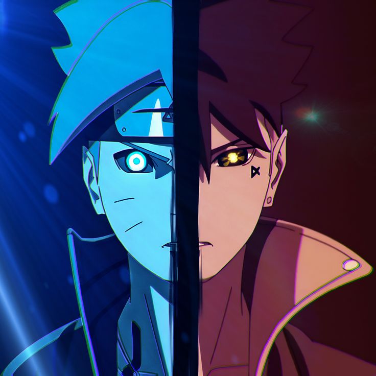 two anime characters one with yellow eyes and the other blue, staring at each other