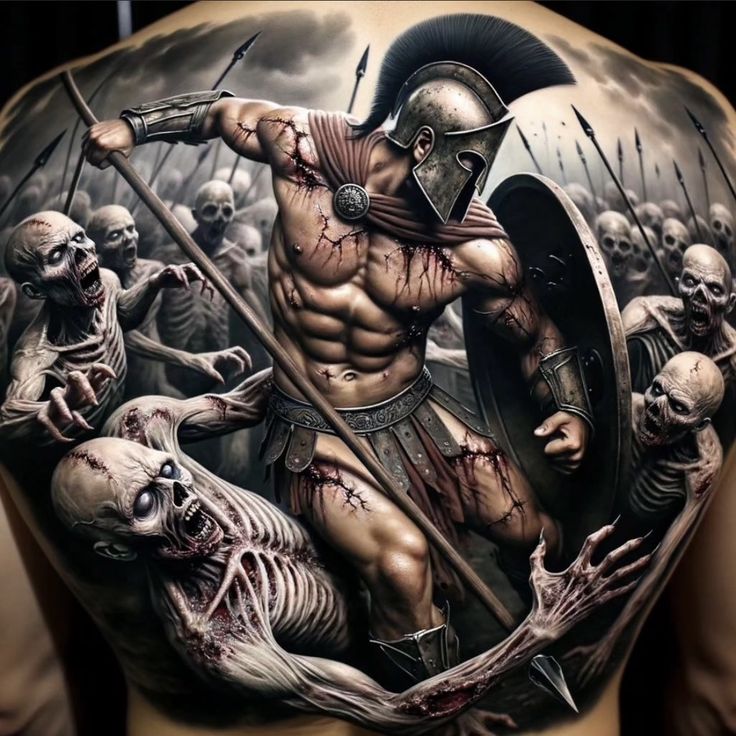 a man's back with an image of a roman soldier surrounded by dead zombies