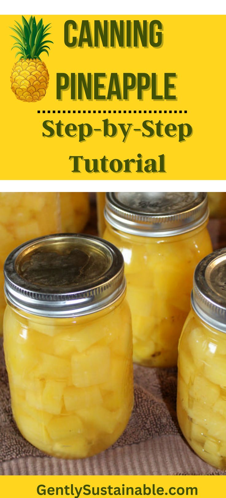 three jars filled with pineapple jam sitting on top of a table