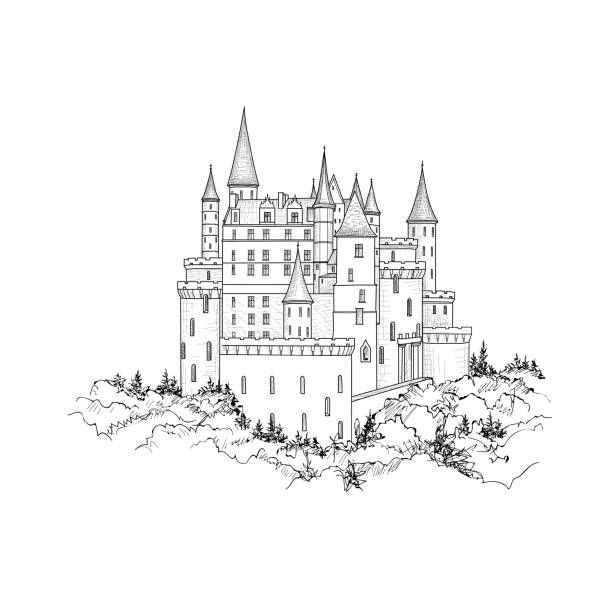 a castle on top of a hill with trees