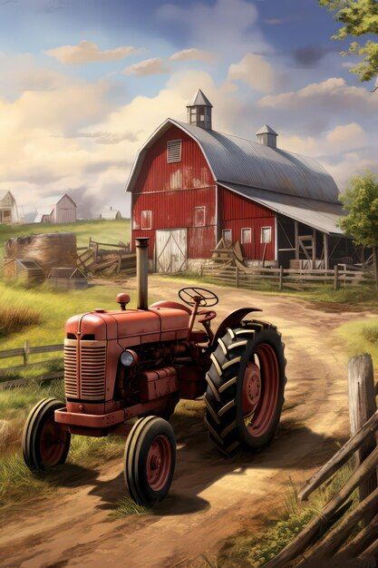 an old red tractor parked in front of a barn on a dirt road next to a fence