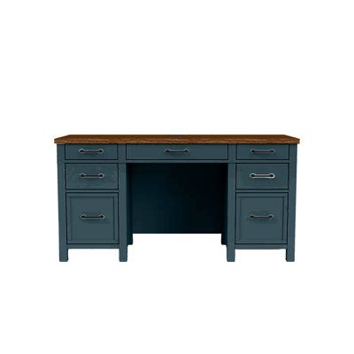 a blue desk with two drawers and a wooden top