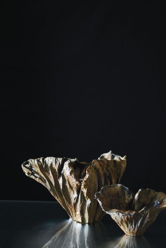 two bowls sitting on top of a table next to each other in front of a black background