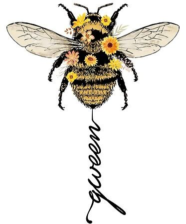 a drawing of a bee with flowers on it's back and the word honey written in cursive writing