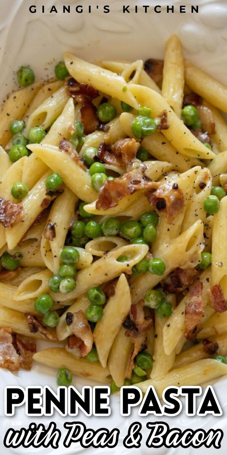 pasta with peas and bacon in a white bowl