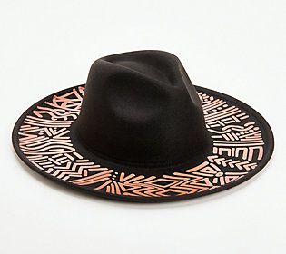 Put the finishing touch on any 'fit (from button-down maxi dresses to jeans and a leather jacket) with this fab felt hat. Tribal print touches make it stand out from the rest. From Women with Control®. Trendy Short Brim Felt Hat For Festivals, Trendy Curved Brim Felt Hat For Festivals, Trendy Fitted Festival Hats, Trendy Spring Felt Hat For Rodeo, Black Crown, Felt Hat, Earmuffs, Mad Hatter, Hat Making