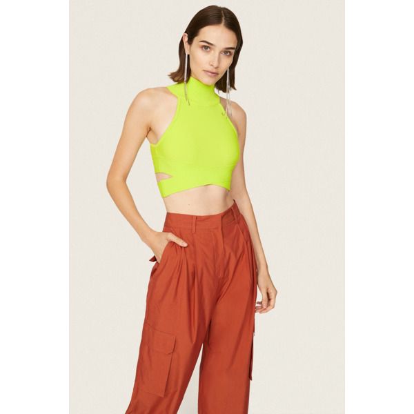 Green bandage (95% Polyester, 5% Spandex). Top. Sleeveless. Mock neck. Back zipper closure. 12" from shoulder to hemline. Imported. Sleeveless Mock Neck, Leather Joggers, Spandex Top, Rent The Runway, Herve Leger, Halter Crop Top, Closet Designs, Top Sleeveless, Mock Neck