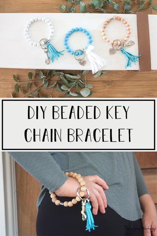 the diy beaded key chain bracelet is made with wood beads and tassels