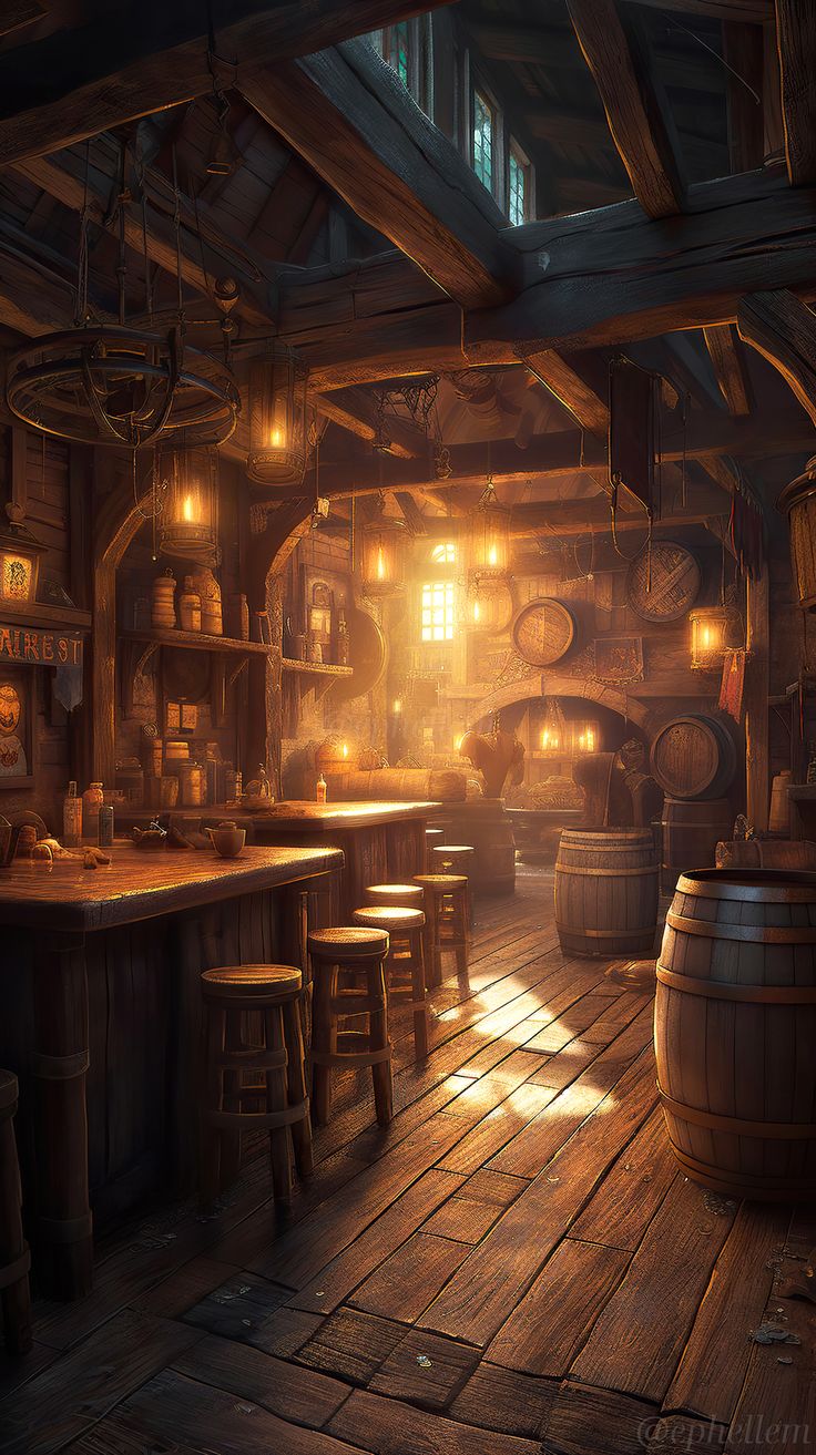 an old fashioned tavern with lots of wooden barrels