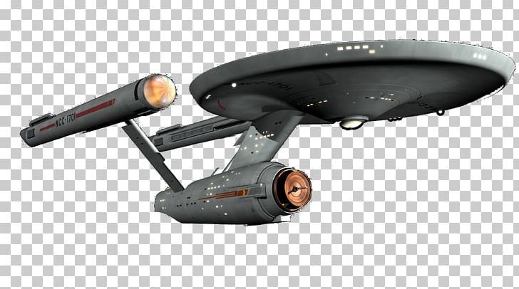 a star trek ship flying through the air with two lights on it's side