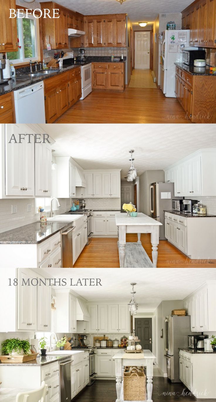 before and after pictures of a kitchen remodel with white cabinets, wood flooring and stainless steel appliances