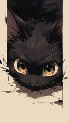 a black cat with yellow eyes peeking out from behind a piece of paper that has been drawn