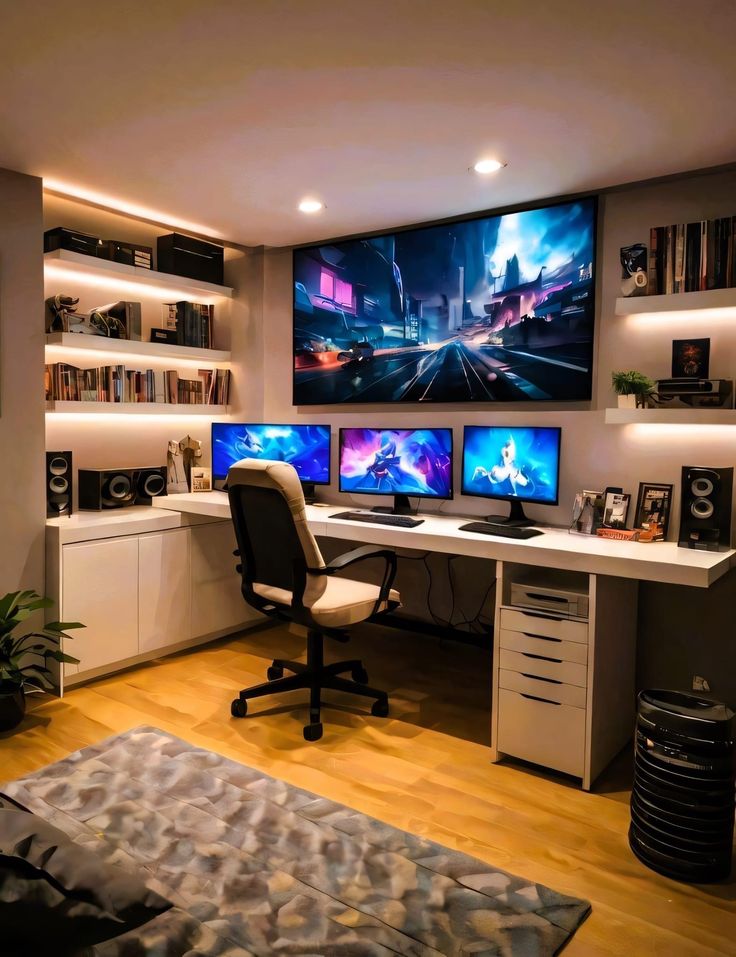 a home office with three computer screens on the wall and two desks in front of it