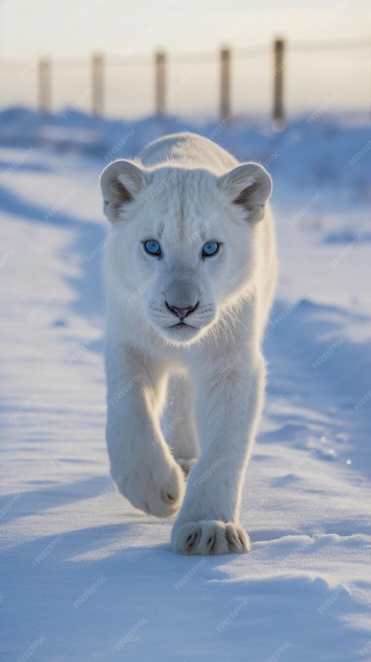 a baby white tiger running through the snow in front of a fence with blue eyes