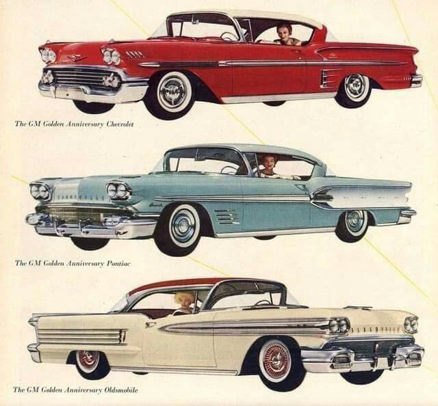 an old car ad with four different styles of cars in it's color scheme