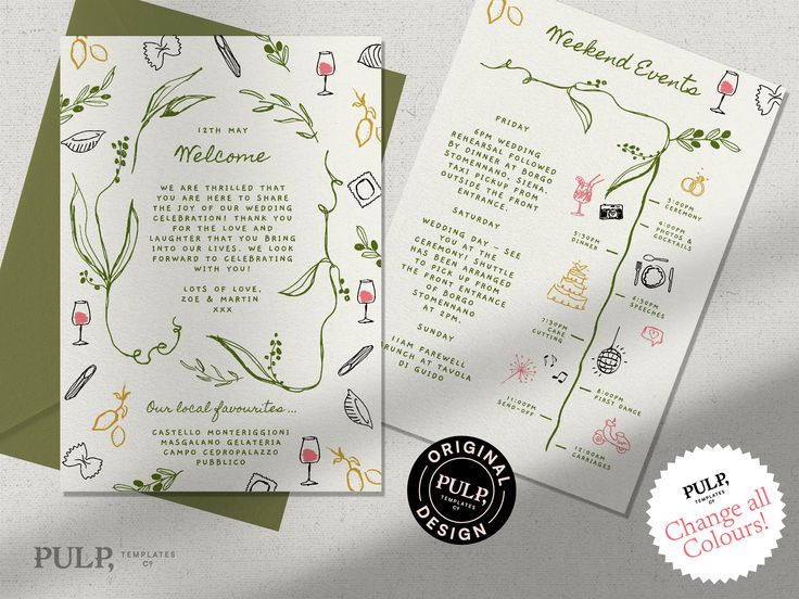 two wedding cards with wine glasses and flowers on them, one in green and the other in white