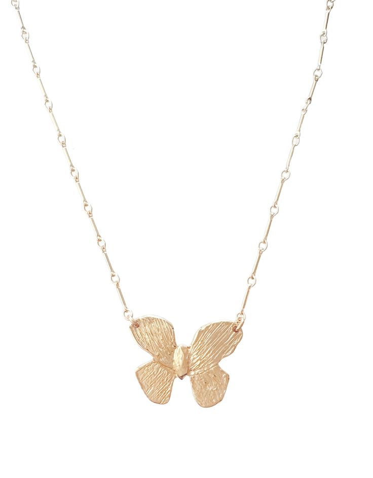 This necklace is meant to be seen and felt. The Henri Necklace! Featuring a gold-filled bar chain and a shaped butterfly charm, it's the perfect accessory to show off your softer side. Be seen in this beautifully designed trinket. It will make your heart flutter. 1" x 1" butterfly. Hangs 17.5" and totally layerable Everyday Pendant Necklace With Butterfly Charm, Gold Charm Necklace With Butterfly For Everyday, Everyday Gold Necklace With Butterfly Charm, Everyday Butterfly Necklace With Delicate Chain, Minimalist Butterfly Necklace For Everyday, Gold Butterfly Necklace For Everyday Wear, Delicate Butterfly Necklace For Everyday, Everyday Minimalist Butterfly Necklace, Gold Butterfly Charm Necklace For Everyday