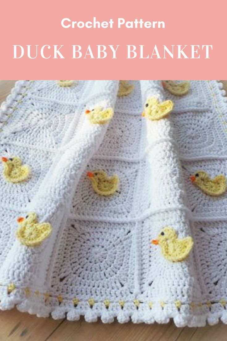 a crochet baby blanket with ducks on it and the words duck baby blanket written in