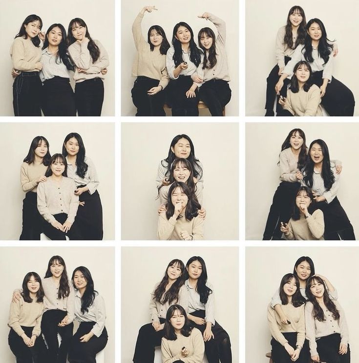 multiple pictures of women posing for the camera with their arms around each other and smiling