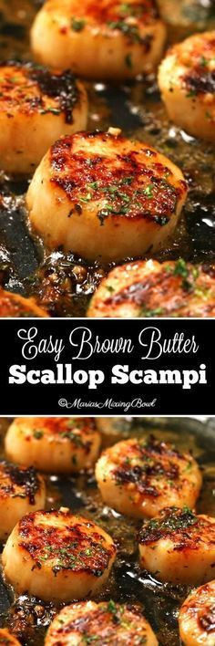 easy brown butter scallop scampi in a skillet with text overlay