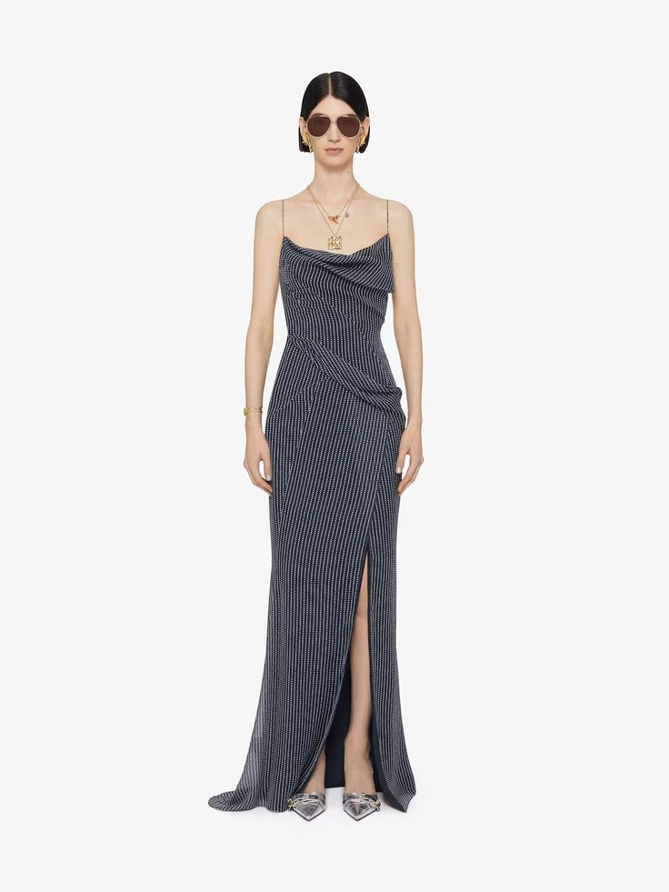 Draped polka dots dress in silk chiffon | Givenchy US | Givenchy Long Flowing Skirts, Givenchy Dress, Dots Dress, Givenchy Women, Open Cuff Bracelet, Long Evening Dress, Cowboy Boots Women, Flowing Skirt, Unisex Sunglasses