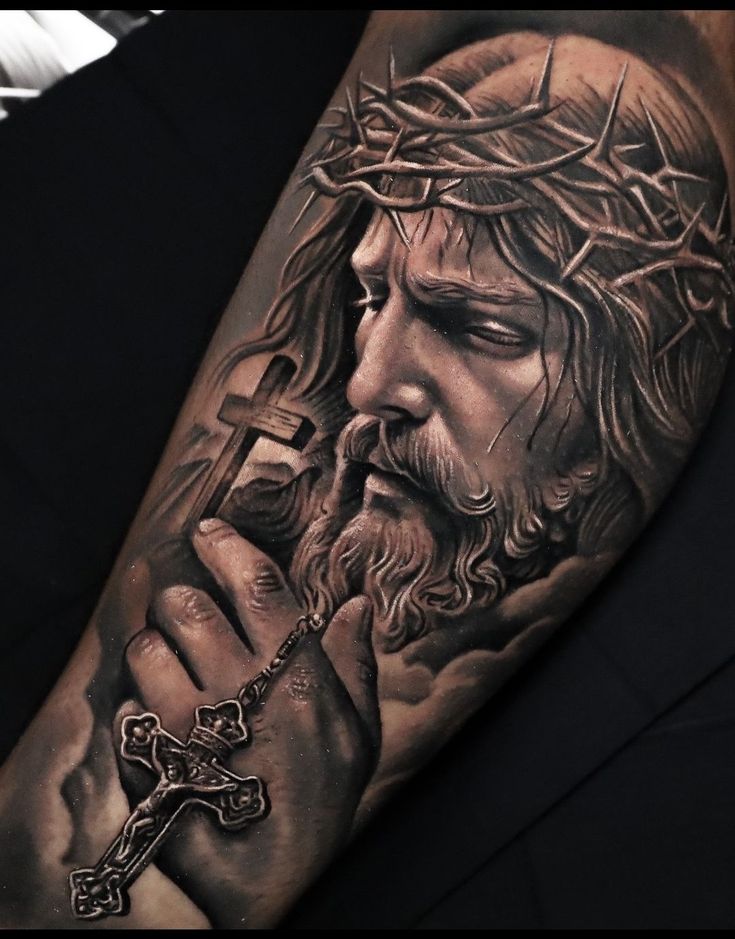 Religious Arm Sleeve Tattoos, Shoulder Tattoo Men Greek Mythology, Jesus Arm Tattoo Sleeve, Mens Religious Tattoos, Religious Sleeve Tattoo Men, Jesus Sleeve Tattoo Men, Christian Realism Tattoo, Jesus Forearm Tattoo Men, Jesus Sleeve Tattoos For Women