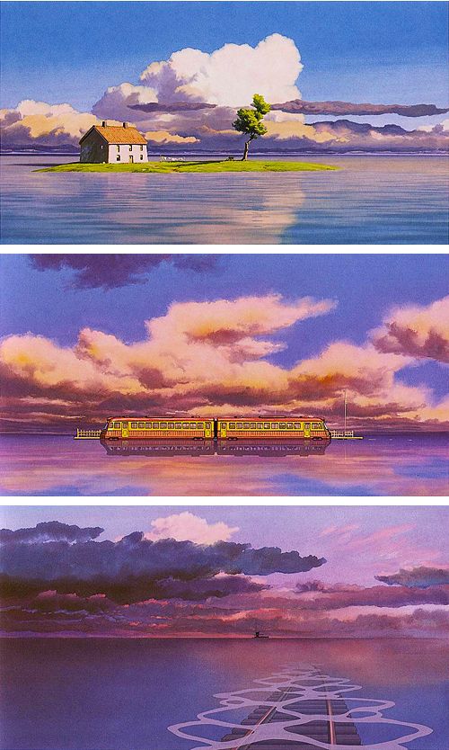 three different views of the same sky with clouds and houses in it, along with an image of a train passing by