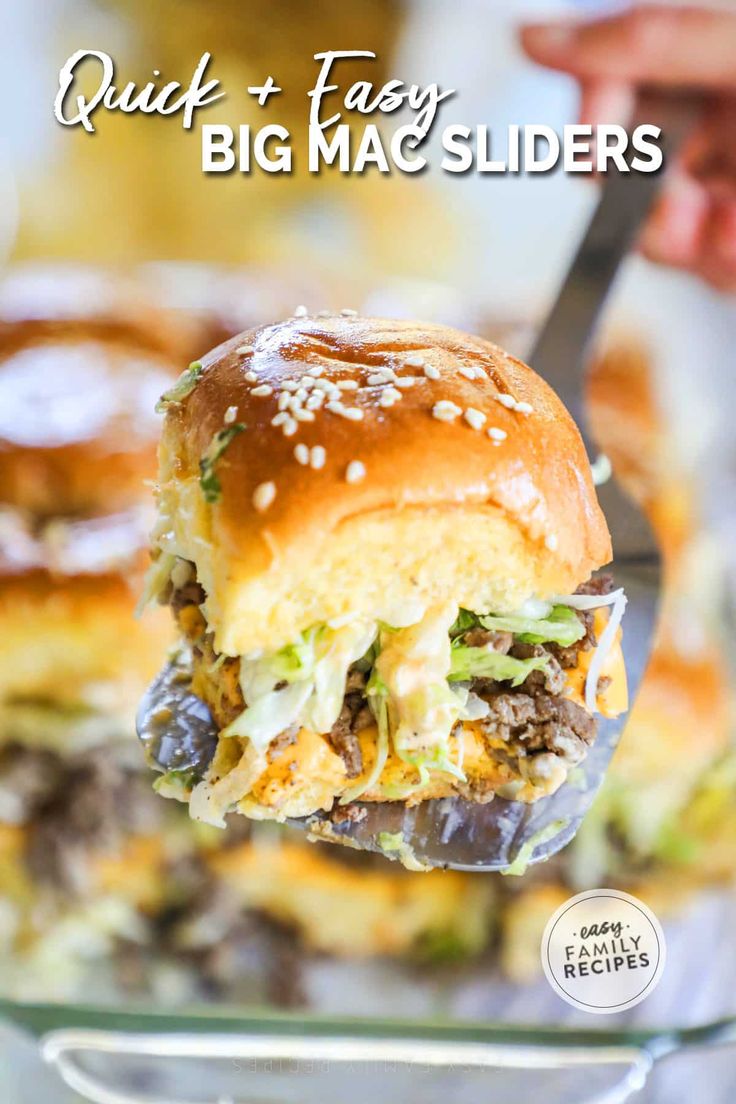 a close up of a sandwich on a fork with the text quick and easy big mac sliders