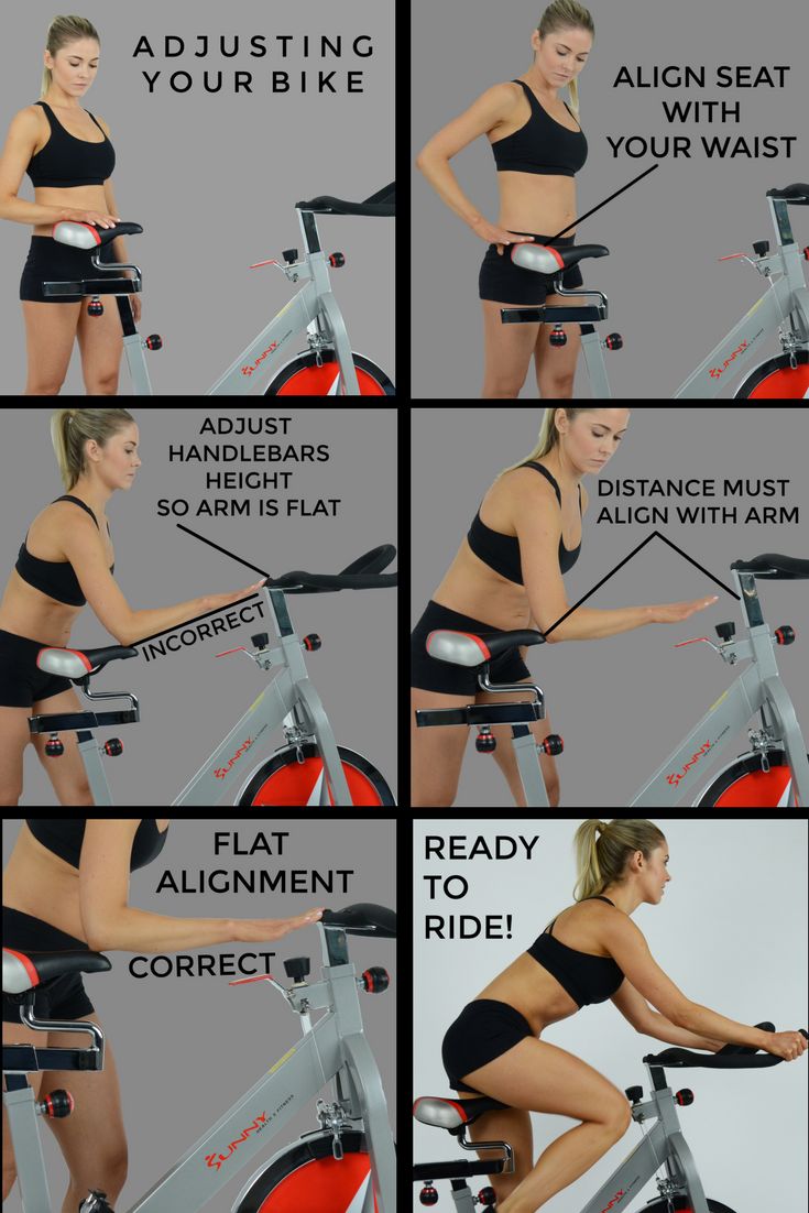 a woman is riding an exercise bike with instructions on how to use the stationary bicycle