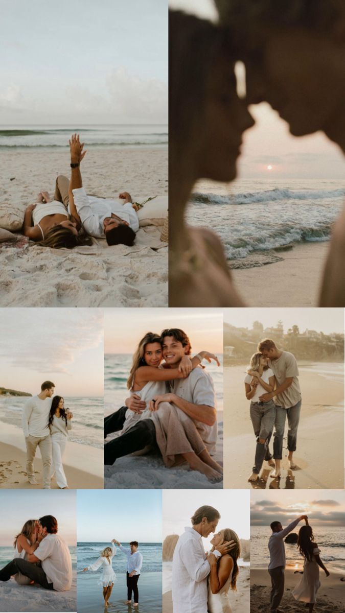 a collage of people on the beach with their arms around each other and kissing