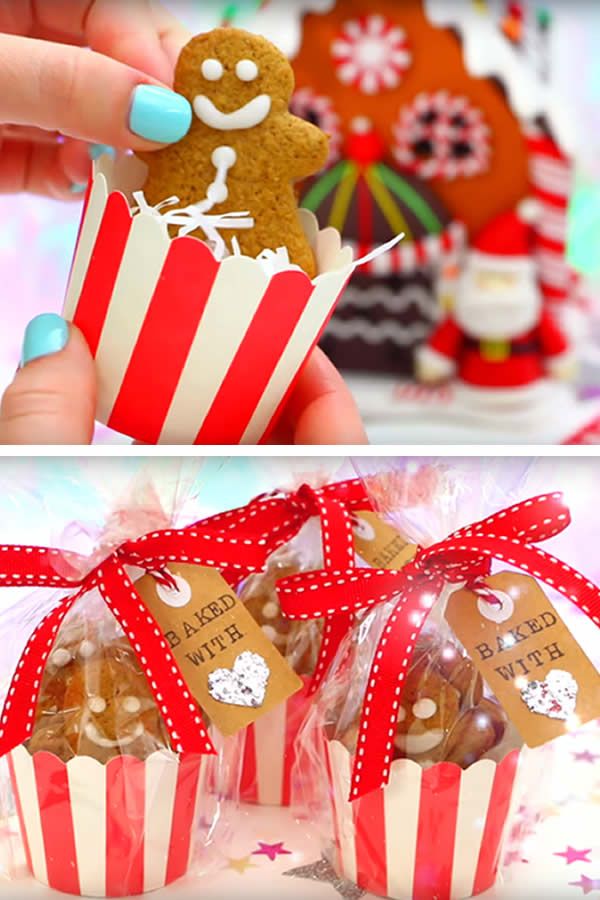 two pictures one has a gingerbread and the other has some candy in striped bags