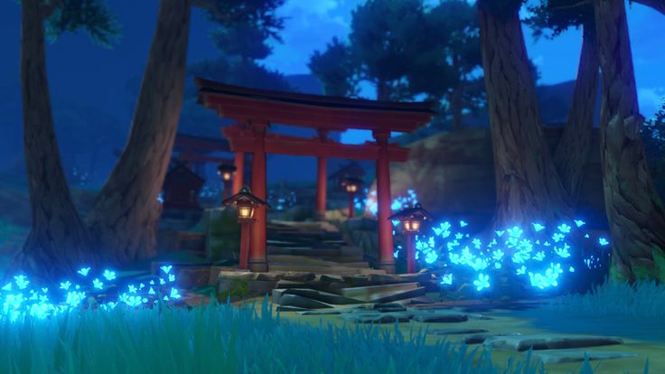 an animated image of a japanese garden at night with blue lights in the grass and trees