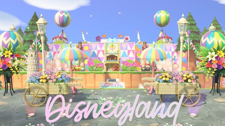 an animated scene with flowers and balloons in front of a building that says disney world