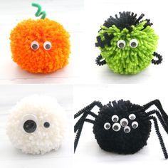 four different types of halloween pom poms with eyes and noseballs on them