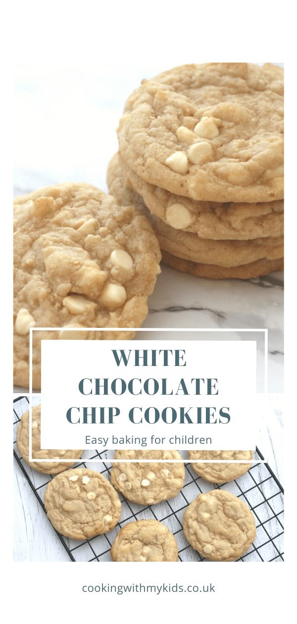 white chocolate chip cookies are stacked on top of each other with the title overlay