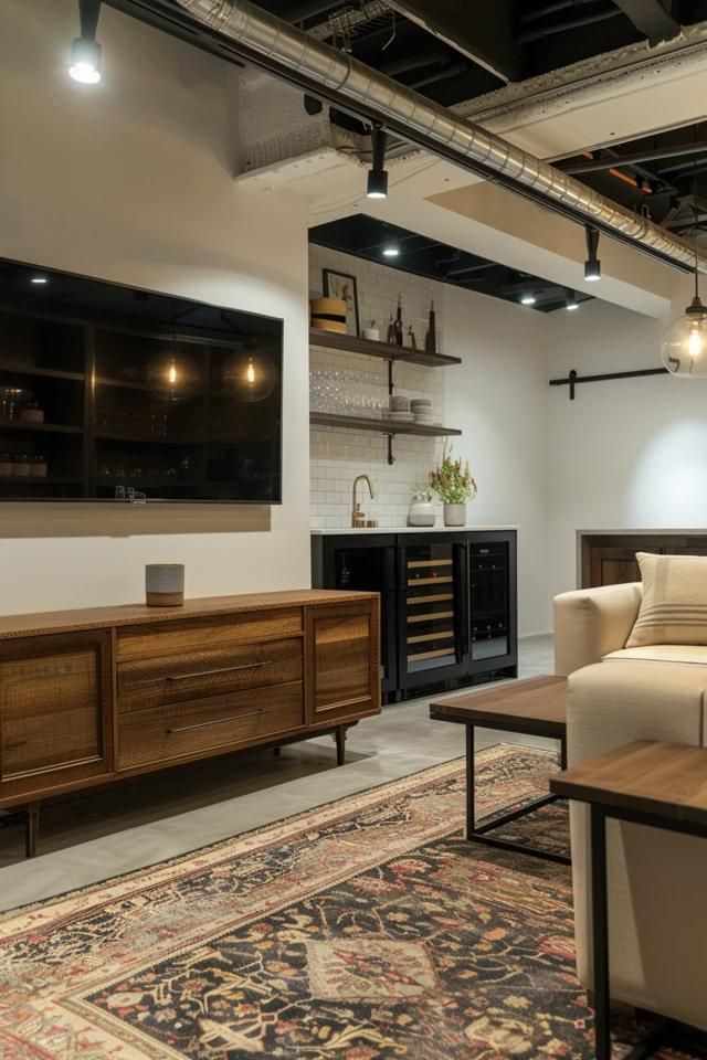 Creative Small Basement Ideas for Low Ceilings Basement Arrangement Ideas, Basement Entertainment Room Ideas Layout, Basement Reno On A Budget, Unfinished To Finished Basement, Large Basement Living Room Ideas, Loft Style Basement, Modern Vintage Basement, Finished Basement Living Room, Basement With Exposed Ceiling