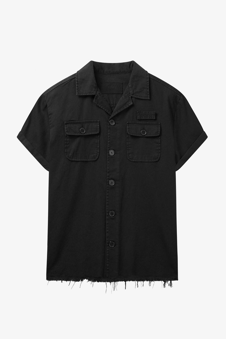 THE S/S MILITARY SHIRT. Crafted from 100% Cotton Twill and cut in a true to size relaxed fit and washed for the perfect vintage look and feel. Features a removable name badge & raw edge hem. Rocker Tee, Military Shirt, Mechanic Shirts, Rolled Sleeves, Short Sleeve Button Up, Cut Shirts, Black Is Beautiful, Raw Edge, S Models