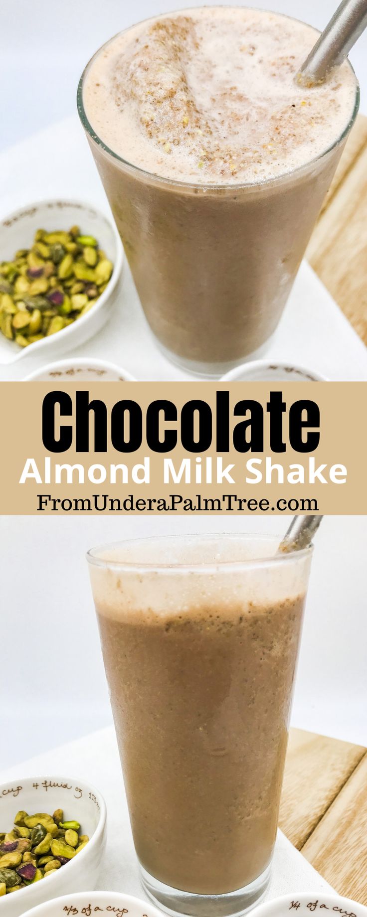 chocolate almond milkshake in a glass on a table with two plates and spoon