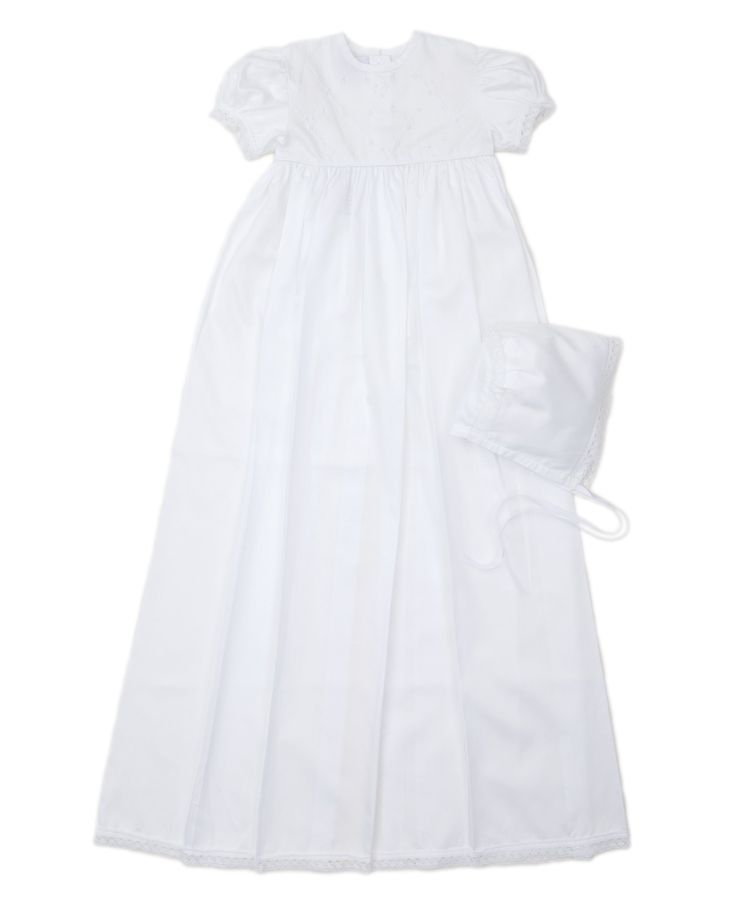 Details Delicate embroidery defines the skirt, bodice and short puffed sleeves of an heirloom-worthy gown accompanied by a matching bonnet. Christening Gowns For Boys, Summer Day Dresses, Kissy Kissy, Christening Gown, Sleepwear Dress, Delicate Embroidery, Christening Gowns, Puffed Sleeves, Short Rompers