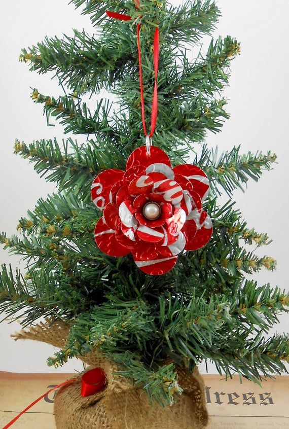 a small christmas tree in a burlocked pot with ornaments hanging from it