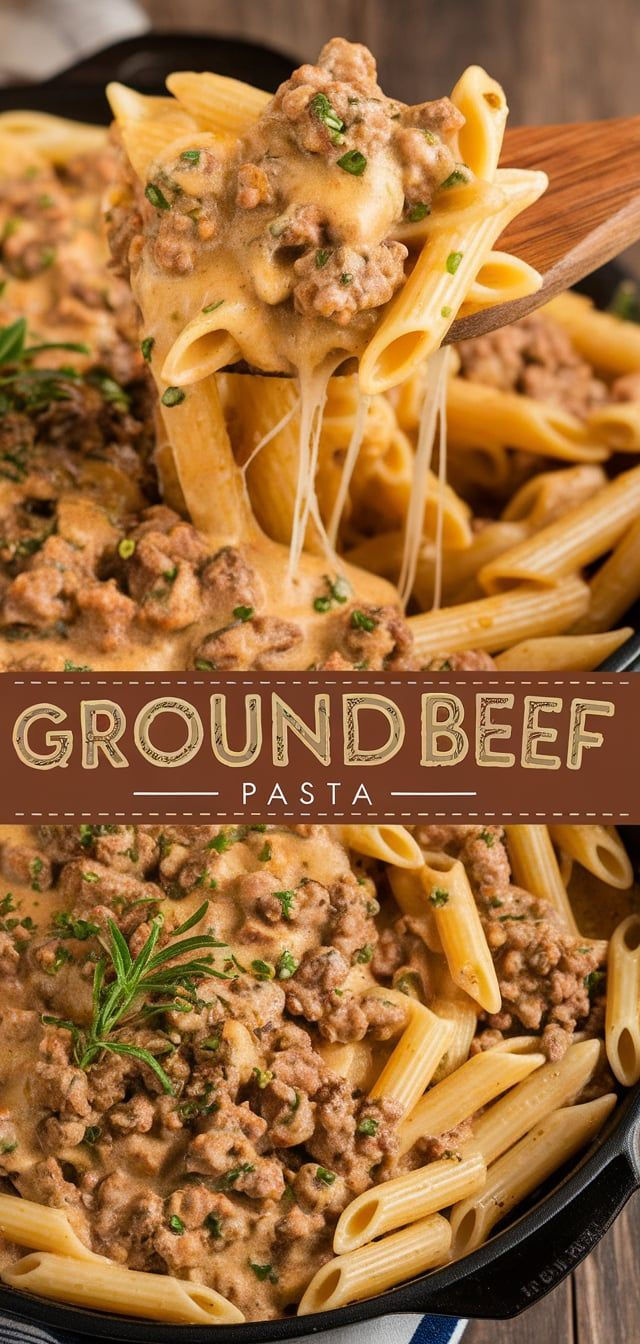 ground beef pasta in a skillet with a wooden spoon and text overlay that reads ground beef pasta